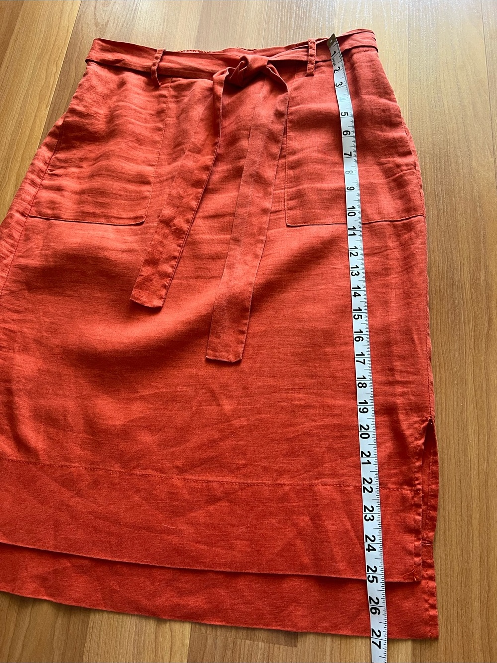 Catherine Malandrino Linen Midi Skirt Coral Tie Waist Pockets S Fits M - Picture 5 of 11